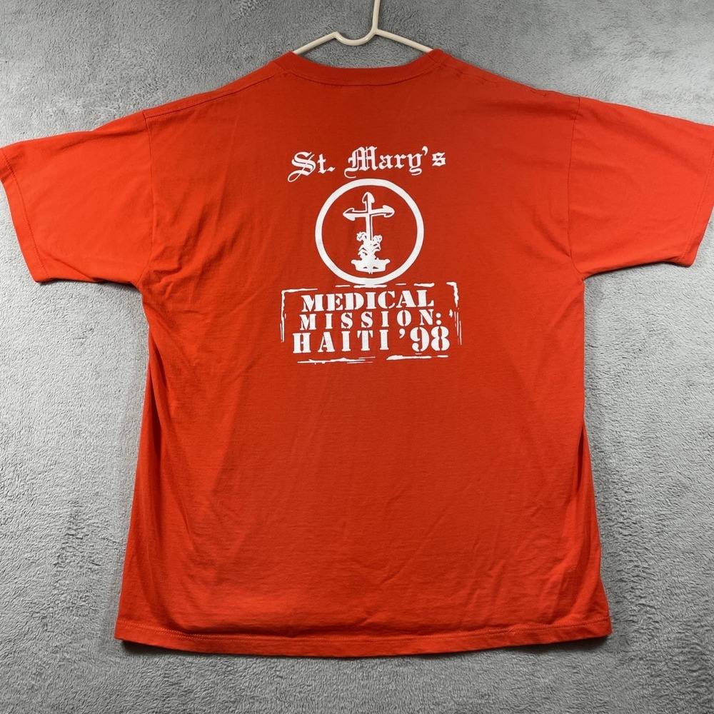 Vtg 90s Shirt Adult XL Orange St. Mary's Medical Mission Haiti 1998 Graphic Tee